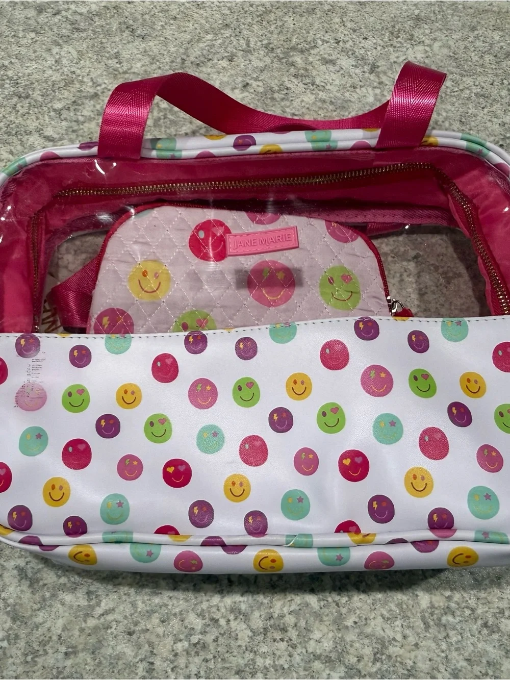 Jane Marie Smiley Face Cosmetic Travel Bag 2 Piece Set NWT